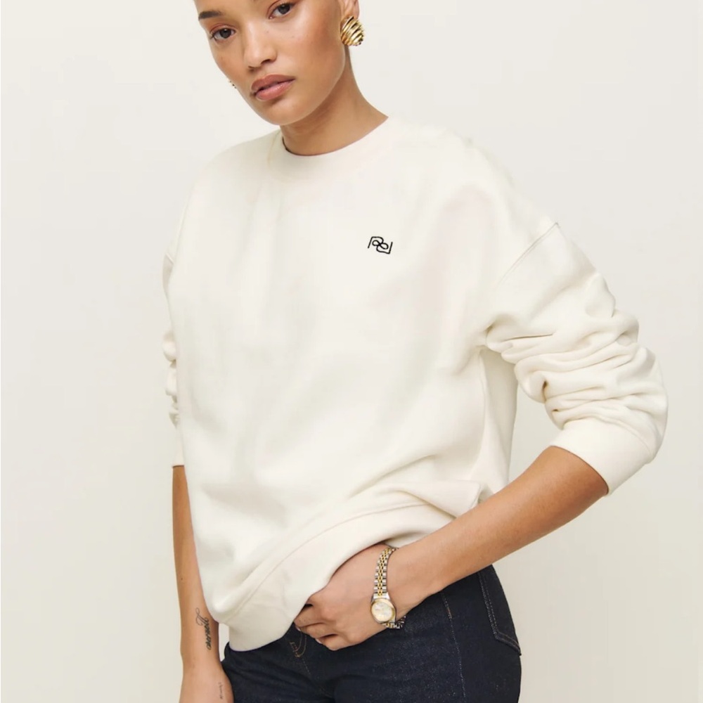 REFORMATION Emma Classic Crewneck Sweatshirt Fior diLatte/Black S - Picture 1 of 3